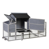 Portable Mobile Chicken Coop with Nesting Box, Sleeping Room, Run, Window, Sun Board, Doors, Pull-Out Tray, Wheels, Outdoor Backyard Pen for Small Animals, Gray with Colorful Patterns