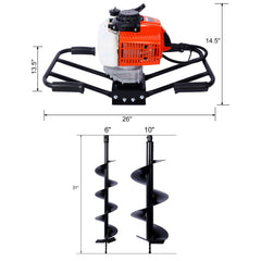 2.7HP Post Hole Digger 63cc two person handle Gas-Powered 2-Stroke Auger Digging Drill Shaft Size 3/4" (Machine Only)EPA COMPLAINT With L6"+L10" DRILL BITS