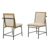 Contemporary Dining Chair Set of 2, Oak Wood Kitchen Side Chairs, Black Metal Legs, Upholstered Chairs, Beige