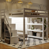 Full Size Loft Bed with Shelves, Storage Staircase, Small Wardrobe and White LED Light, White(Old SKU:N7090000472K, ETA:3.25)