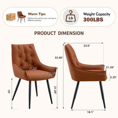 Dining Chairs Set of 2, Camel Faux Leather Dining Room Chair, Metal Kitchen Chairs with Gold Mesh Texture and Black Sanded Legs, Flat Back Upholstered Chair (Camel, Set of 2)