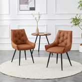 Dining Chairs Set of 2, Camel Faux Leather Dining Room Chair, Metal Kitchen Chairs with Gold Mesh Texture and Black Sanded Legs, Flat Back Upholstered Chair (Camel, Set of 2)