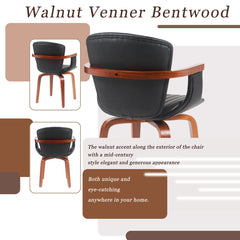 Mid-Century Modern Bentwood Swivel Dining Chairs (Set of 2) – Heat-Pressed PU Leather Accent Chairs in Black
