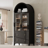 K&K 71" Tall Arched Kitchen Pantry Cabinet with 2 Large Drawers, Modern Farmhouse Kitchen Storage Cabinets with Adjustable Shelves, Glass Door, Wood Versatile Cupboard for Kitchens, Dining Room, Black