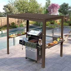 8x5 FT Grill Louvered Pergola for Outdoor Grill, Hardtop Grill Pergola with Built-in Gutter & Adjustable Rainproof Roof, Metal Shelter Gazebo for Patio Backyard Deck -Brown