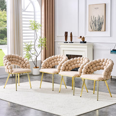 Set of 2 Beige Puffy Bubble Chair Ball Chain Chair Velvet Dining Chairs with Gold Plated Legs, Modern Accent Chairs for Dining Room & Kitchen
