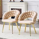 Set of 2 Beige Puffy Bubble Chair Ball Chain Chair Velvet Dining Chairs with Gold Plated Legs, Modern Accent Chairs for Dining Room & Kitchen