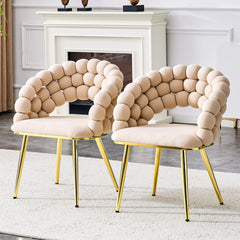 Set of 2 Beige Puffy Bubble Chair Ball Chain Chair Velvet Dining Chairs with Gold Plated Legs, Modern Accent Chairs for Dining Room & Kitchen