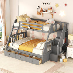 Twin-Over-Full Bunk Bed with Drawers,Ladder and Storage Staircase, Gray