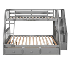 Twin-Over-Full Bunk Bed with Drawers,Ladder and Storage Staircase, Gray