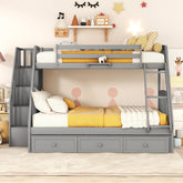 Twin-Over-Full Bunk Bed with Drawers,Ladder and Storage Staircase, Gray