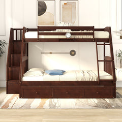 Twin-Over-Full Bunk Bed with Drawers,Ladder and Storage Staircase, Espresso