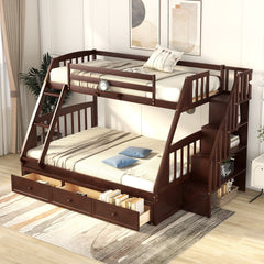Twin-Over-Full Bunk Bed with Drawers,Ladder and Storage Staircase, Espresso