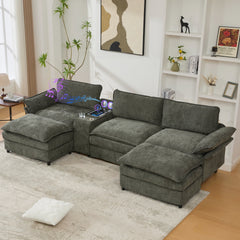 U Shaped Modular Sectional Sofa,Storage Console & Wireless Charging,2 Cup Holders,Bluetooth Speakers,2 Movable Footstools,Adjustable handrail,Movable seat,Chenille,Green