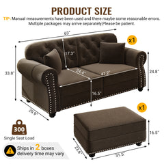 63"Upholstered Velvet Sofa with Nailhead Trim and Rolled Armrests,Mid-Century Modern Chesterfield Sofa with Button Tufted,Includes 2 Pillows,Brown
