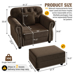 41.3"Upholstered Velvet Sofa with Nailhead Trim and Rolled Armrests,Mid-Century Modern Chesterfield Sofa with Button Tufted,Includes 1 Pillows,Brown