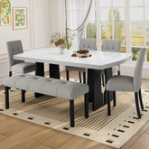 6 Piece Modern Dining Table Set, 63" Faux Marble Dining Table with Geometric Legs & 4 Upholstered Chairs & 1 Bench, Suitable for Dining Kitchen Room,Easy to Assemble, White+Gray