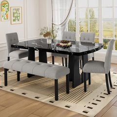 6 Piece Modern Dining Table Set, 63" Faux Marble Dining Table with Geometric Legs & 4 Upholstered Chairs & 1 Bench, Suitable for Dining Kitchen Room,Easy to Assemble, Black + Gray