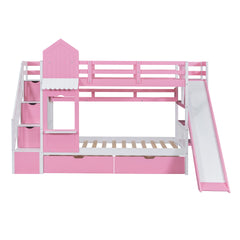 Twin-Over-Twin Castle Style Bunk Bed with 2 Drawers 3 Shelves and Slide - Pink(OLD SKU:LT000559AAH-2)