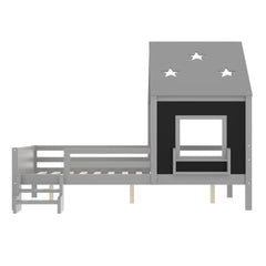 Full House Beds with Low-Profile Stairs and a Window, Solid Wood House Platform Bed with a Bookcase, Blackboard Design, and Cute Star-shape Roof, No Box Spring Needed, Gray