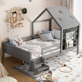 Full House Beds with Low-Profile Stairs and a Window, Solid Wood House Platform Bed with a Bookcase, Blackboard Design, and Cute Star-shape Roof, No Box Spring Needed, Gray