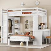 Full XL/Full over Twin Bunk Bed with Dismountable Lower Bed and Desk, Solid Wood Bunk Beds Frame with Built-in Shelves and Wardrobe, Can be Converted into Loft Bed, White