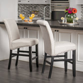 25" Contemporary Upholstered Counter Stools with Nailhead Trim (Set of 2), Wheat/Matte Black, Fabric