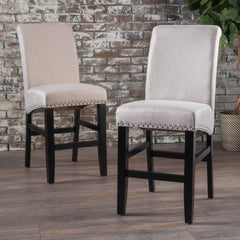 25" Contemporary Upholstered Counter Stools with Nailhead Trim (Set of 2), Wheat/Matte Black, Fabric