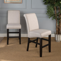 25" Contemporary Upholstered Counter Stools with Nailhead Trim (Set of 2), Wheat/Matte Black, Fabric