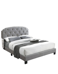 Light Gray Finish Queen Size 1pc Bed Nailhead Trim Button Tufted Burlap Fabric Bedroom Furniture