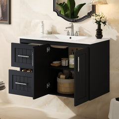 36'' Wall Mounted Bathroom Vanity, Floating Bathroom Storage Cabinet with 2 Drawers, 3 Holes Single Ceramic Sink, Modern Cabinet with Adjustable Shelf