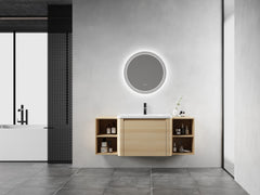52'' Wall-Mounted Bathroom Vanity with White Ceramic Sink and 2-Storage Shelves & 1-Soft-Close Door, KD-Packing, Plywood, American White Oak