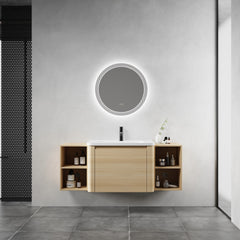 52'' Wall-Mounted Bathroom Vanity with White Ceramic Sink and 2-Storage Shelves & 1-Soft-Close Door, KD-Packing, Plywood, American White Oak