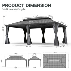 14' X 24' Hardtop Gazebo, Upgraded Metal Gazebo with Drainage System, Dual-Layer Galvanized Steel Roof, Curtain and Netting, Outdoor Shelter Canopy for Patio, Garden, and Backyard, Grey