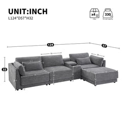 124'' L-Shaped Sectional Sofa with Multi-Functional Storage Console, Wired&Wireless Charger, Movable Ottoman, Wider&Thicker Cushion, Free Combination for Living Room&Apartment, Chenille