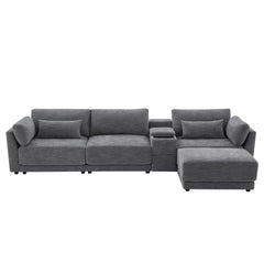 124'' L-Shaped Sectional Sofa with Multi-Functional Storage Console, Wired&Wireless Charger, Movable Ottoman, Wider&Thicker Cushion, Free Combination for Living Room&Apartment, Chenille
