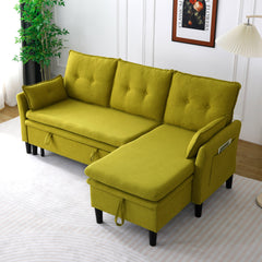 L-Shaped Reversible Chaise Sectional Sofa with Storage - Cotton-Linen, Green, Office & Apartment Ready