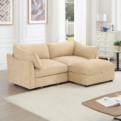 2-seater sofa with footstool – a 2-seater sofa accompanied by 1 movable storage footstool, crescent-shaped armrests, and wraparound back and arm cushions, chenille fabric, wheat colour.
