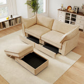 2-seater sofa with footstool – a 2-seater sofa accompanied by 1 movable storage footstool, crescent-shaped armrests, and wraparound back and arm cushions, chenille fabric, wheat colour.