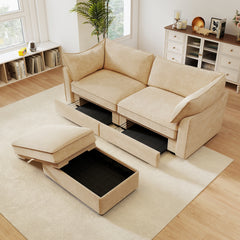 2-seater sofa with footstool – a 2-seater sofa accompanied by 1 movable storage footstool, crescent-shaped armrests, and wraparound back and arm cushions, chenille fabric, wheat colour.