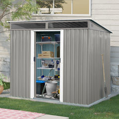 8ft x 6ft Outdoor Metal Storage with Lockable Sliding Doors and Transparent plate for Garden, Lawn (Gray)