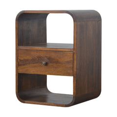 Solid Wood Chestnut Curved Edge Nightstand, 1-Drawer, 2 Open Slots