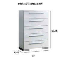 Contemporary Style 1pc Chest Five English Dovetail Drawers Chrome Handle And Feet Metal Ball Bearing Glides High Gloss Coating Glossy White Finish