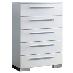 Contemporary Style 1pc Chest Five English Dovetail Drawers Chrome Handle And Feet Metal Ball Bearing Glides High Gloss Coating Glossy White Finish