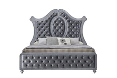 1pc Queen Panel Bed Tufted Headboard Luxurious Upholstery and Intricate Nailhead Trim Diamond-patterned Tufted Accent Modern Luxury Gray Silver
