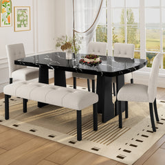 6 Piece Modern Dining Table Set, 63" Faux Marble Dining Table with Geometric Legs & 4 Upholstered Chairs & 1 Bench, Suitable for Dining Kitchen Room,Easy to Assemble, Beige+Black