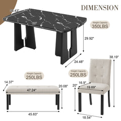 6 Piece Modern Dining Table Set, 63" Faux Marble Dining Table with Geometric Legs & 4 Upholstered Chairs & 1 Bench, Suitable for Dining Kitchen Room,Easy to Assemble, Beige+Black