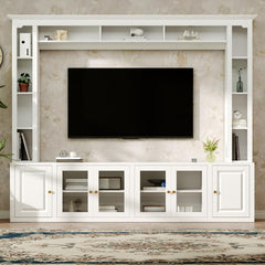 4-Piece Modern Entertainment Center Wall Unit with Bookshelves, All-in-1 Large TV Stand with Tempered Glass Door for TVs Up to 80", 92inch Media Console with Adjustable Shelves for Living Room, White