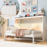 Twin Size Murphy Bed with LED Light,can be Folded into a Cabinet,Hidden Wall Bed Cabinet,White+Brown