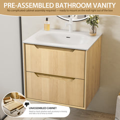 32-Inch Floating Bathroom Vanity with Sink, Pre-assembled, Natural Oak Grid Texture Front, Multi-Layer Solid Wood, Wall-Mounted, White Stone Top, 2 Soft-Close Drawers